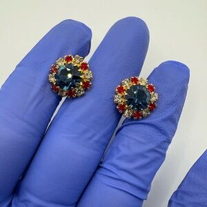 ✨ Vintage Statement Earrings – Gold Tone with Blue, Red & Clear Crystals ✨